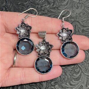 Faceted Blue Gem and Lotus Flower Pendant and Earrings Jewelry Set